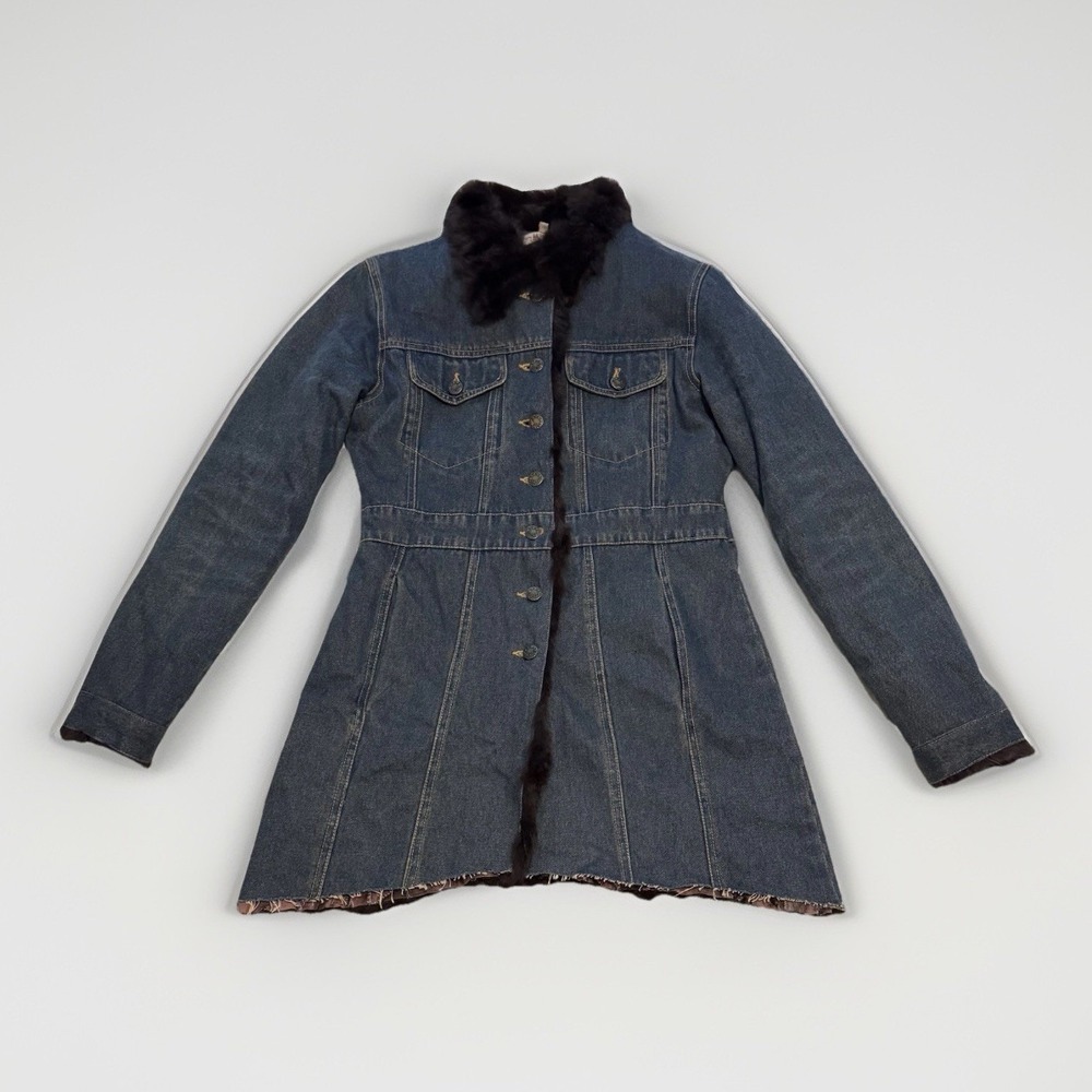 VTG Mojo Moda Women's Denim Coat Rabbit Fur Trim Distressed Med 90s Y2K Mob Wife - Picture 2 of 11